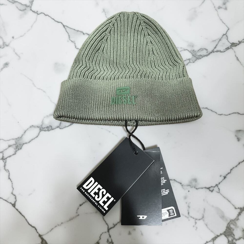 Diesel Knit Beanie Hat Green Logo Patch Ribbed Cuffed Winter Cap Unisex NWT